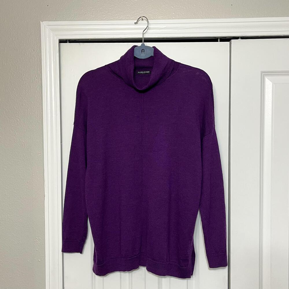 Eileen Fisher Purple Merino Wool Sweater Womens Petite Large Mock Neck Knit